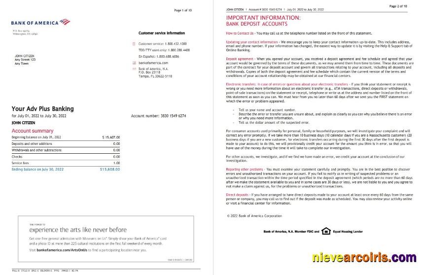 USA Bank of America bank statement Word and PDF (10 pages), version 5